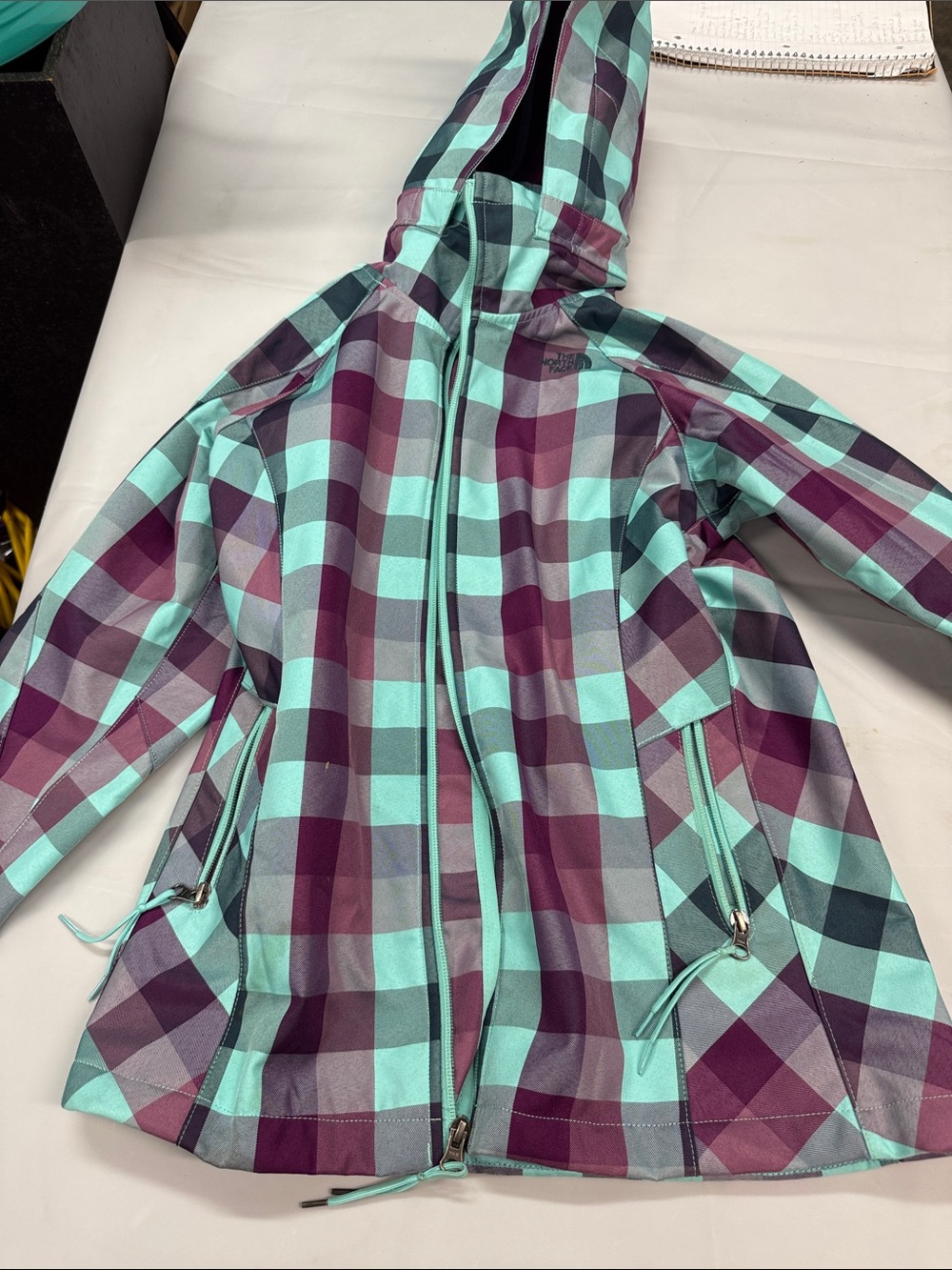 The North Face Kids Plaid Hooded Jacket in Teal and Purple